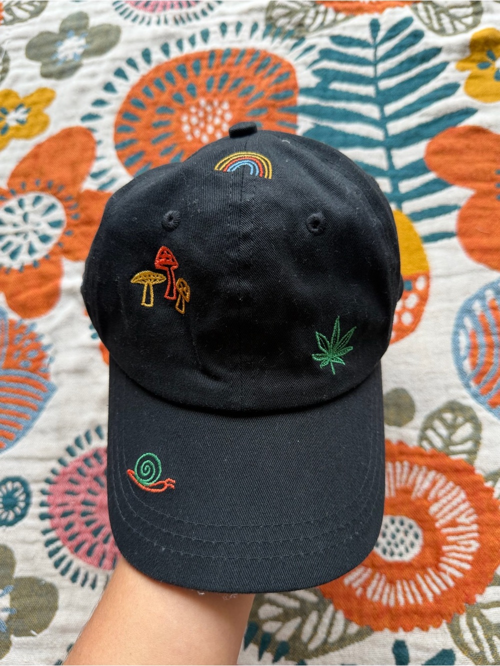 Empyre Black Embroidered Mushroom Rainbow Leaf Cap